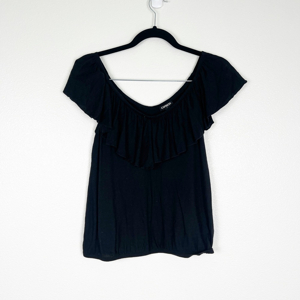 Expressβ Women Black Short Sleeve Ruffle Blouse Scoop Neck Off Shoulder Top S